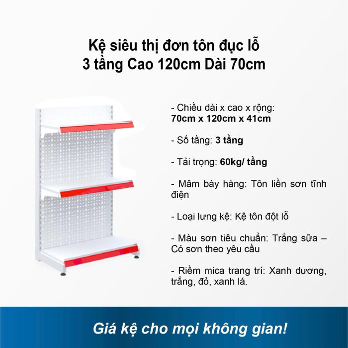 Kệ siêu thị đơn tôn đục lỗ 3 tầng Cao 120cm Dài 70cm