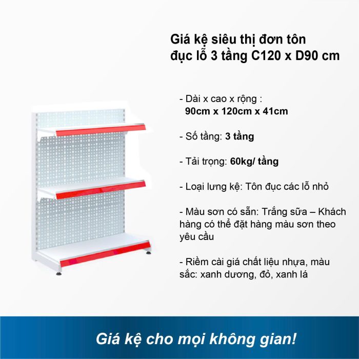 Giá kệ siêu thị đơn tôn đục lỗ 3 tầng C120 x D90 cm